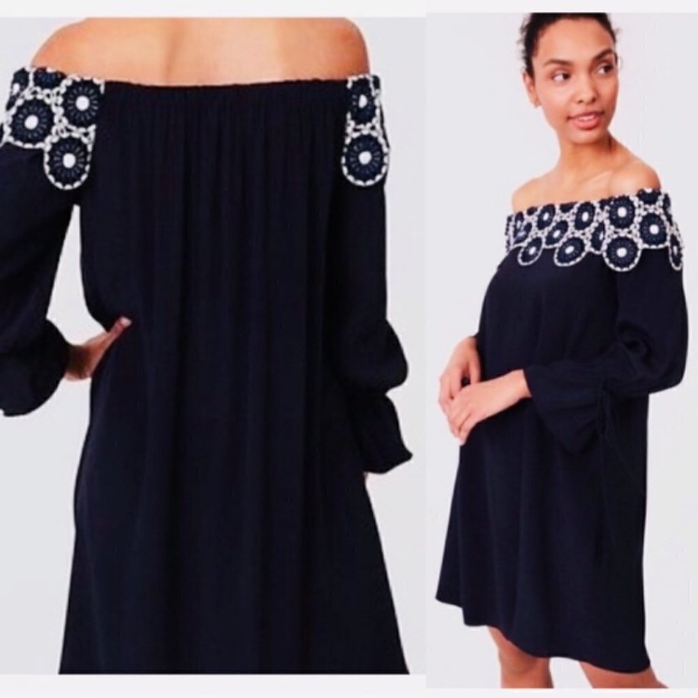 NWT Ann Taylor LOFT Dress Off the Shoulder Crochet Lace Floral Navy BLue White